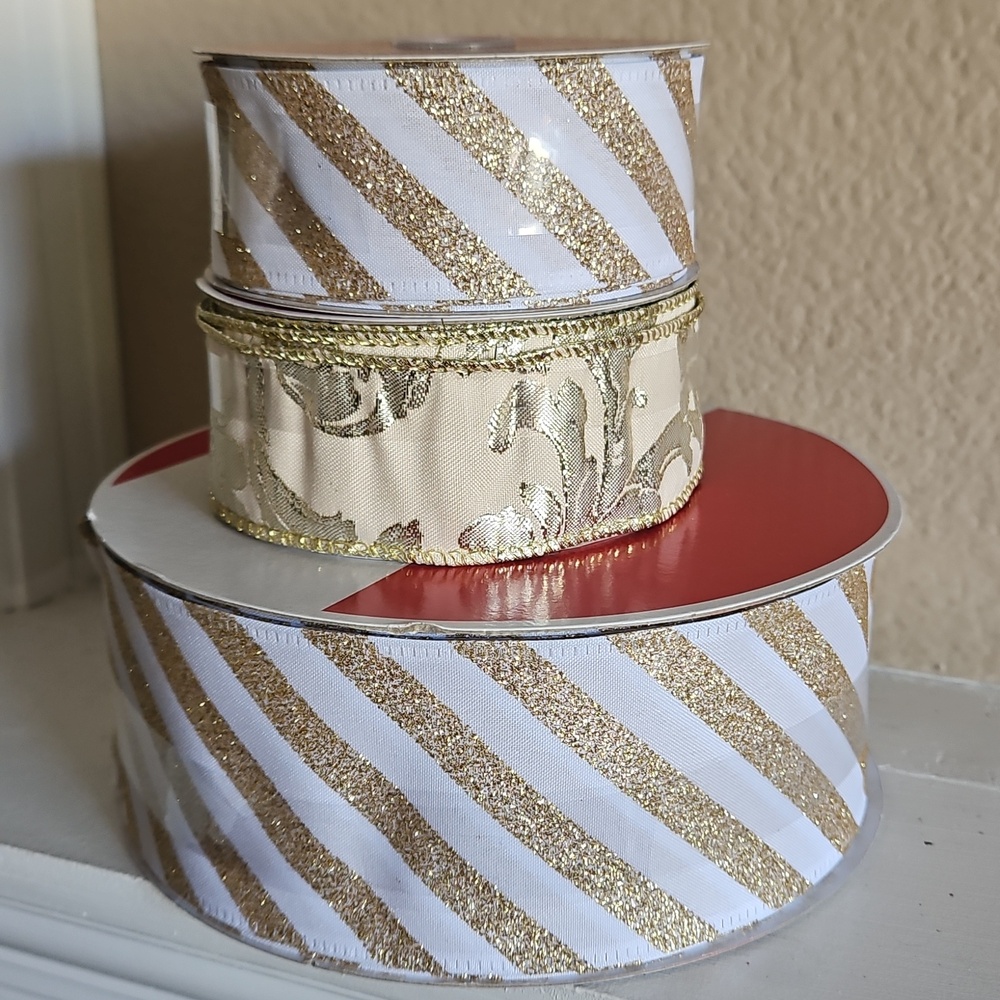 Celebrate it - (3) AssortedRolls of Decorative Gold & White Striped Wired Ribbon